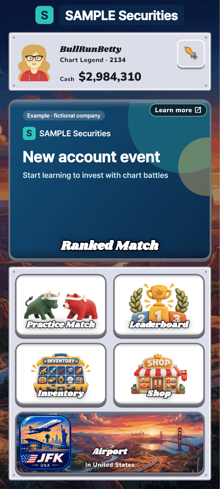 The lobby dressed in the logo, promotion artwork and «Learn more» button of a fictional partner, «SAMPLE»