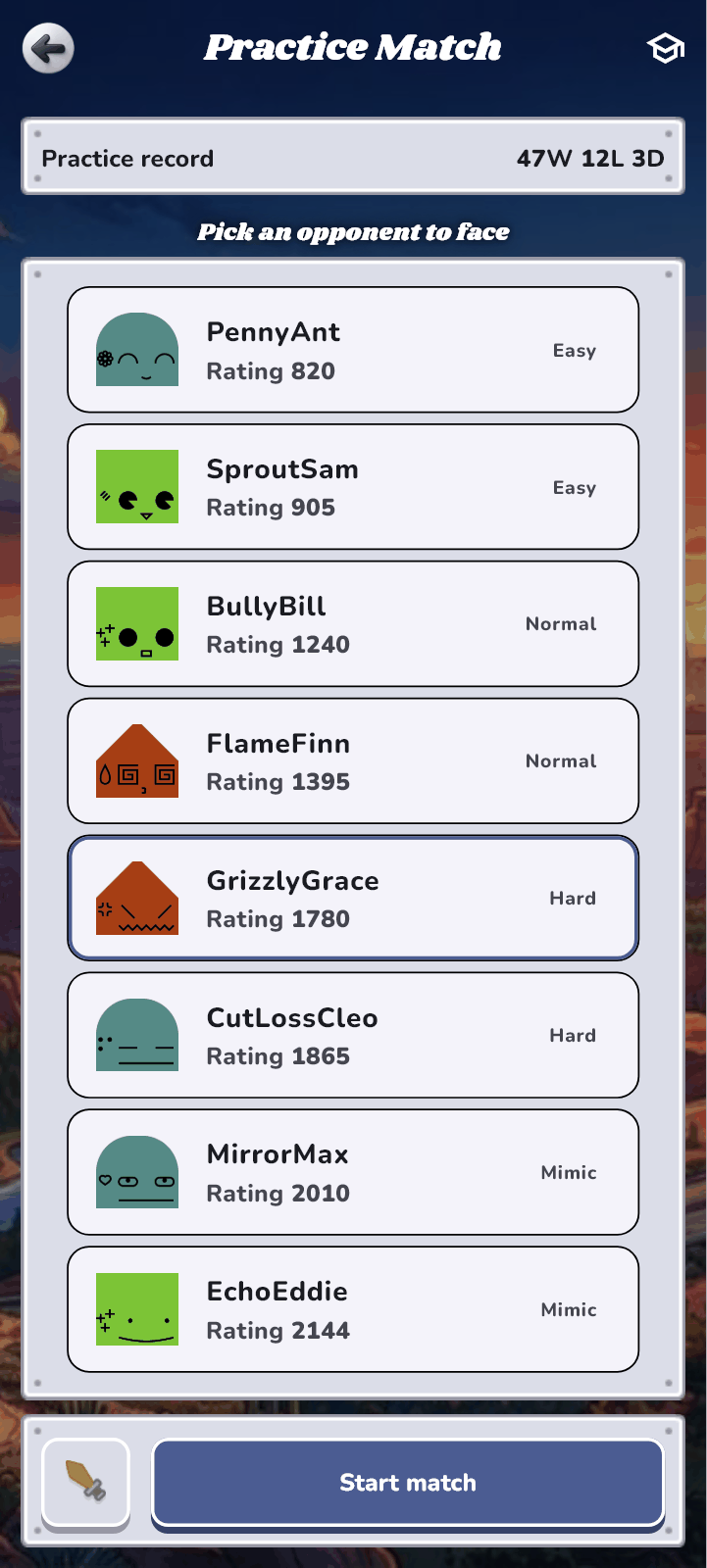 Practice Match: choosing an opponent — bots by difficulty