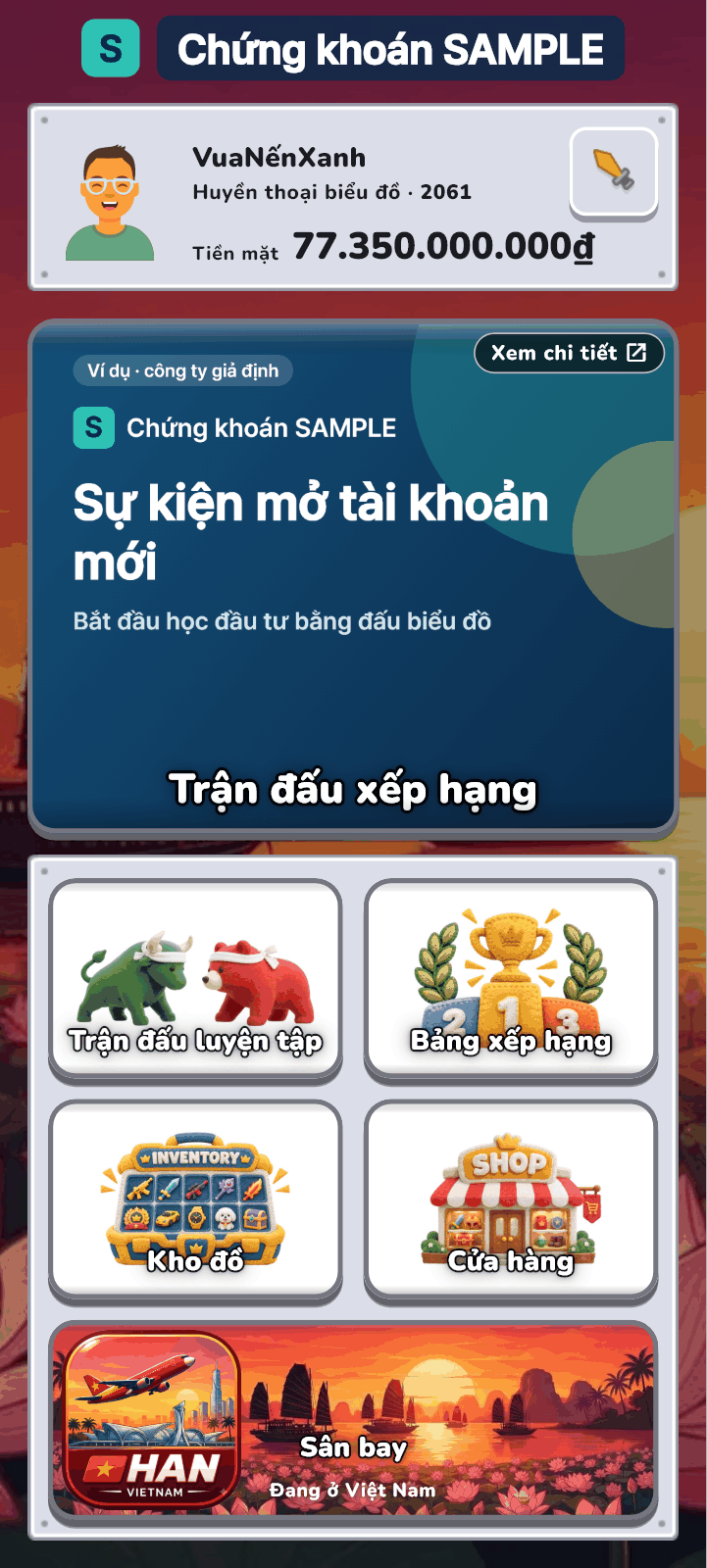 Sảnh mang logo, hình quảng bá và nút «Xem chi tiết» của đối tác giả định «SAMPLE»
