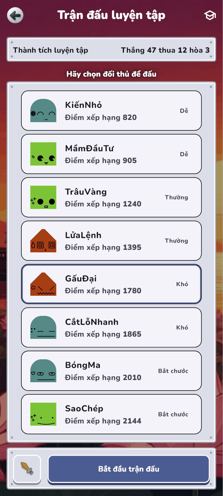 Trận đấu luyện tập: chọn đối thủ — bot theo độ khó